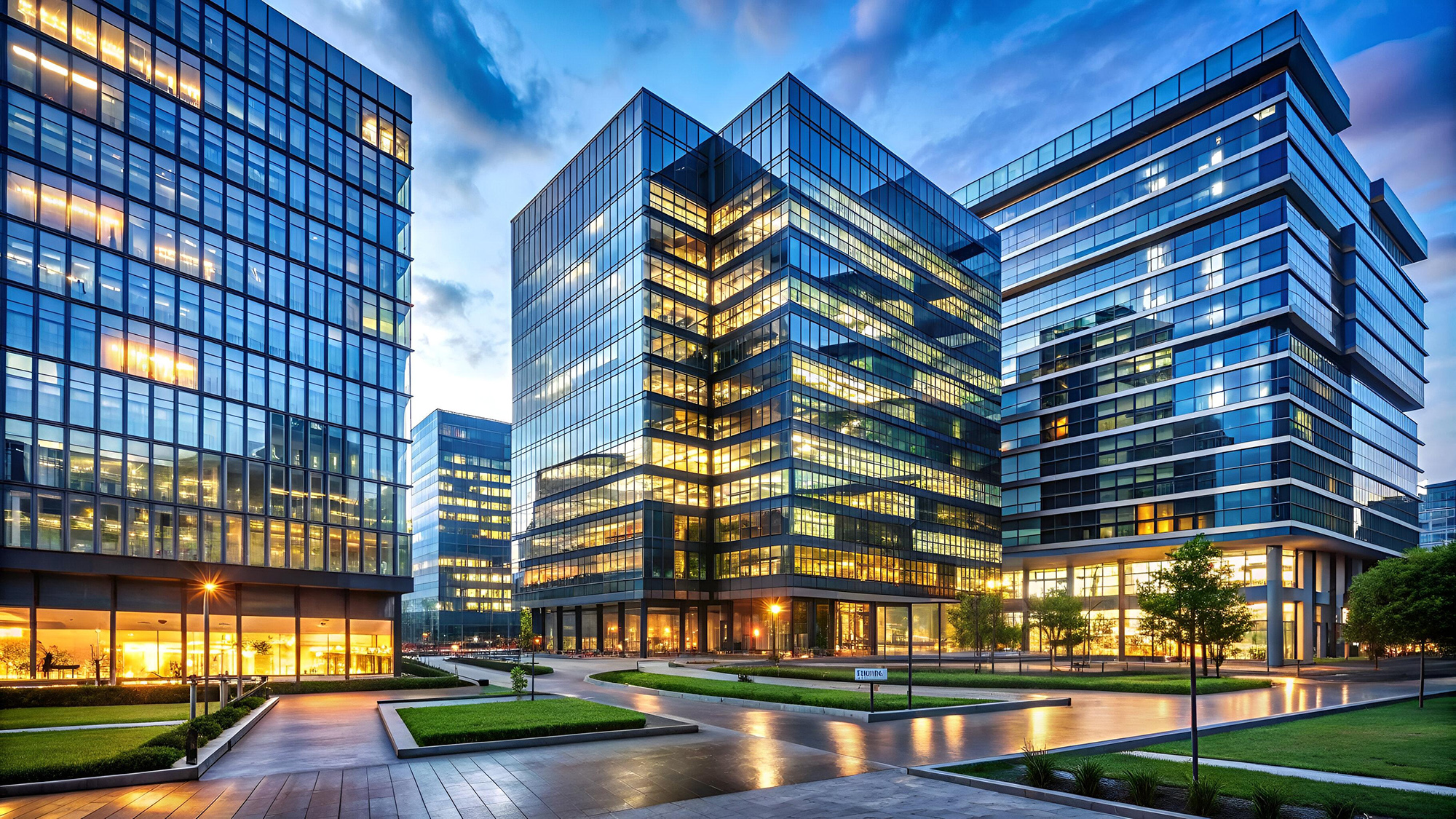 Buildings outside at dusk